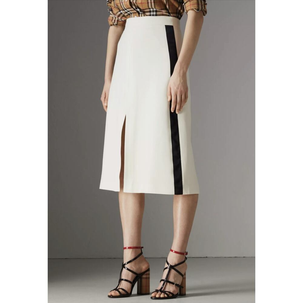 Burberry Women Size 2 Off White Black Stripe Wool Silk A-line Skirt NWT $790